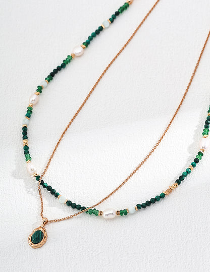 Malachite Emerald Pearl Silver Necklace