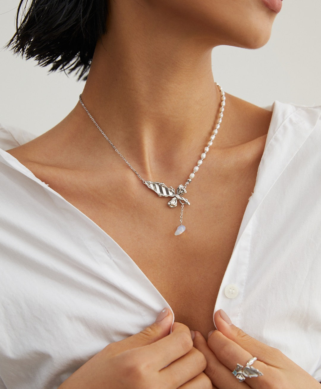 Butterfly Shaped Silver Pearl Necklace