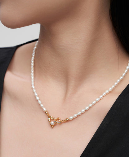 Interlocking Heart Design Silver Pearl Necklace