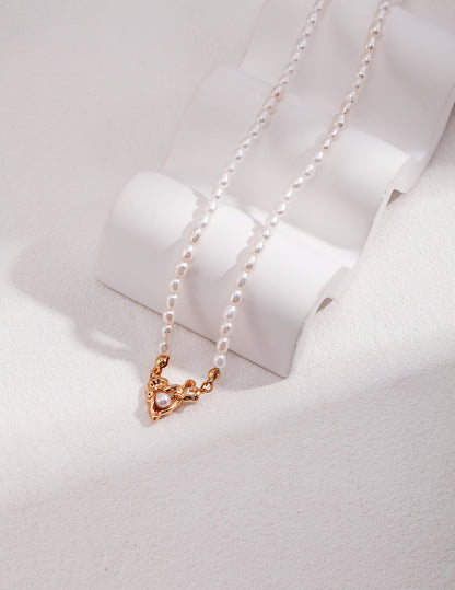 Interlocking Heart Design Silver Pearl Necklace