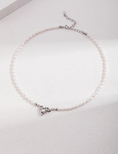 Interlocking Heart Design Silver Pearl Necklace