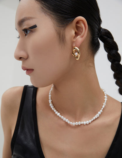 Asymmetric Style Silver Pearl Earrings