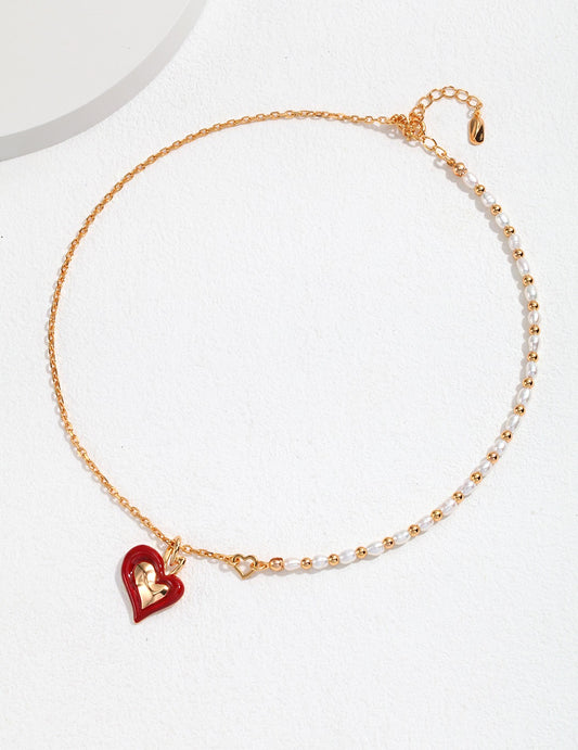 Asymmetric Heart Shaped Silver Pearl Glaze Necklace