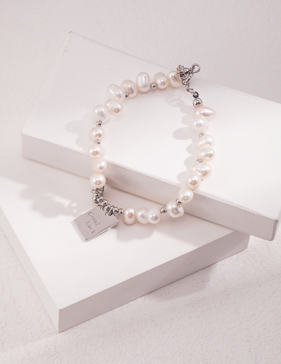 Silver Pearl Bracelet with Good Luck