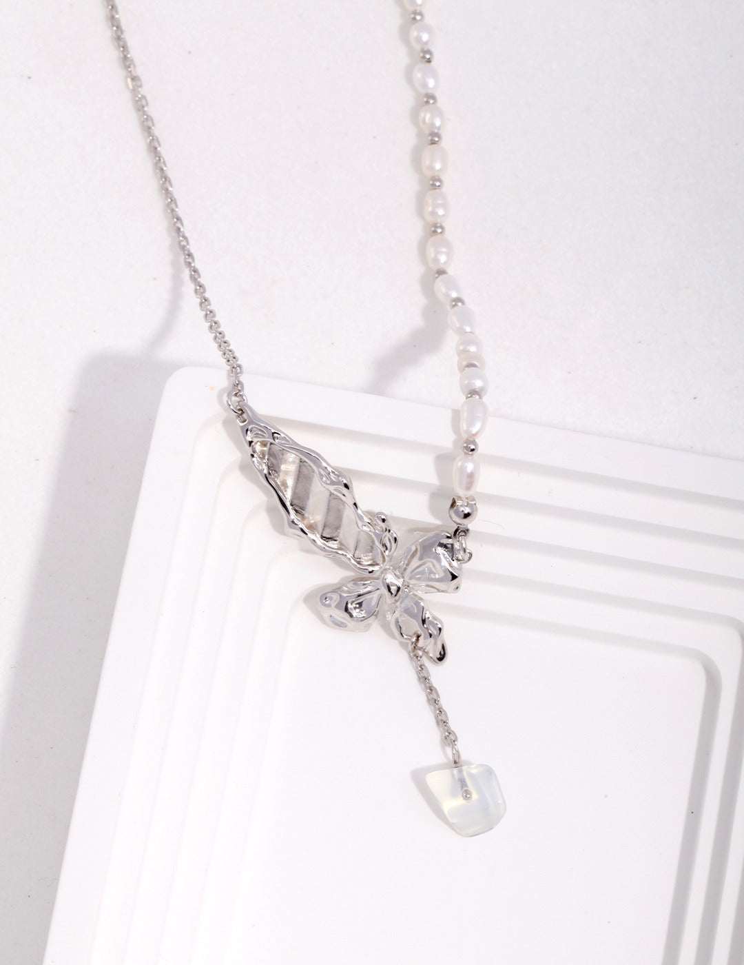 Butterfly Shaped Silver Pearl Necklace