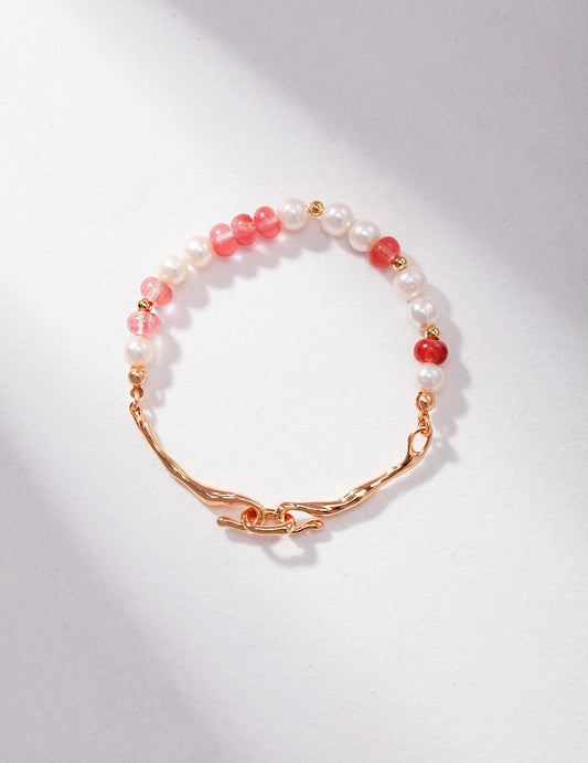 Strawberry Quartz Silver Pearl Bracelet