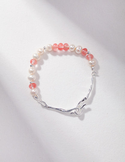 Strawberry Quartz Silver Pearl Bracelet