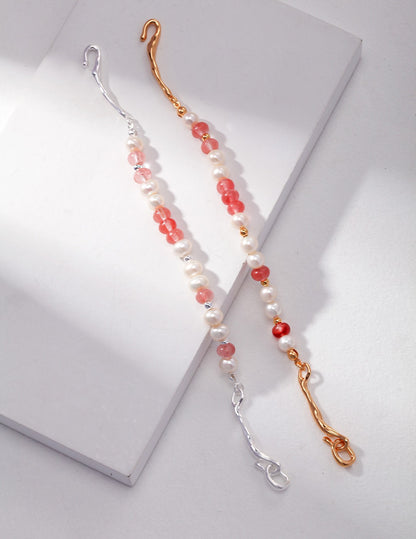 Strawberry Quartz Silver Pearl Bracelet