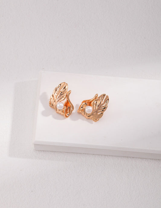 Leaf Shaped Silver Pearl Earrings