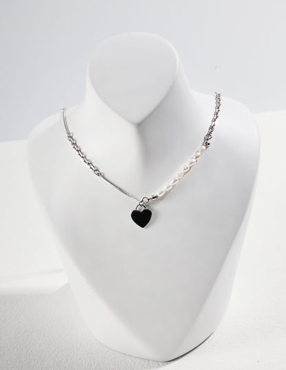 Heart Shaped Glaze Pendant Silver Pearl Necklace