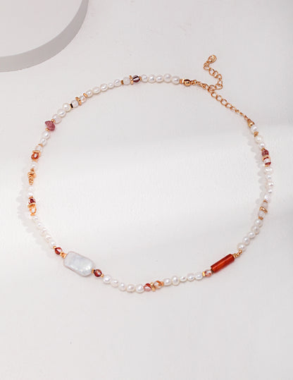 Silver Pearl Strawberry Quartz Necklace