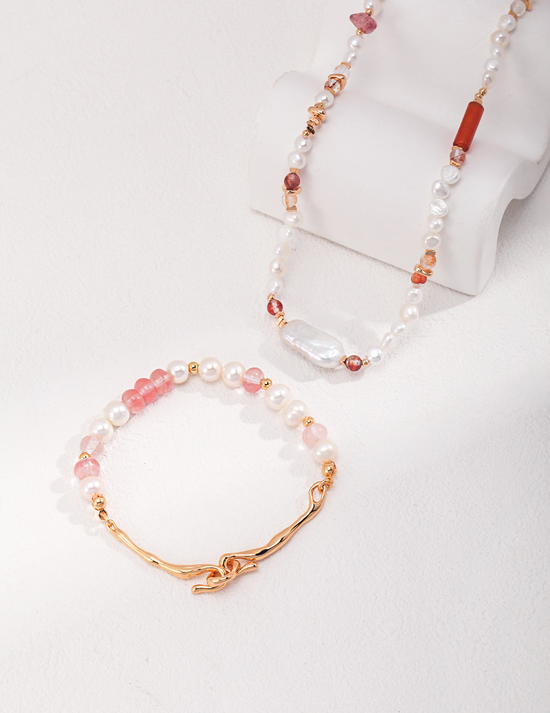 Silver Pearl Strawberry Quartz Necklace