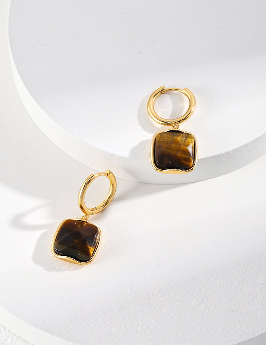 Square Silver Tiger Eye Earrings