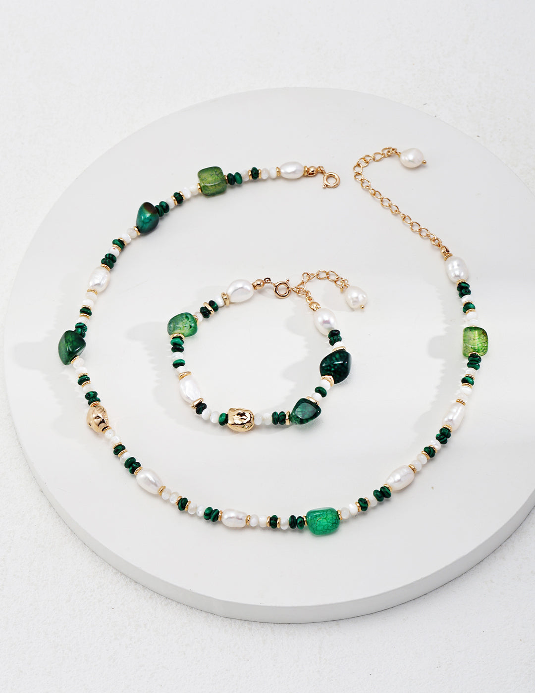 Silver Pearl Agate Malachite Necklace