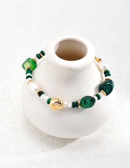 Silver Pearl Agate Malachite Bracelet