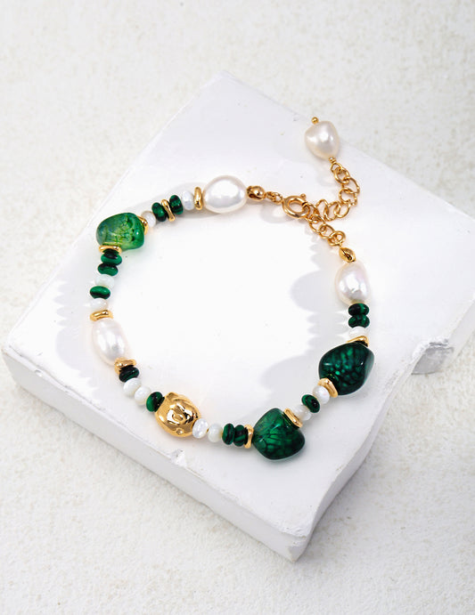 Silver Pearl Agate Malachite Bracelet