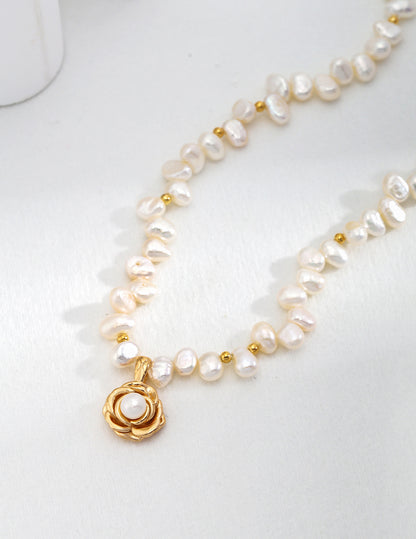 Camellia Shaped Silver Pearl Necklace